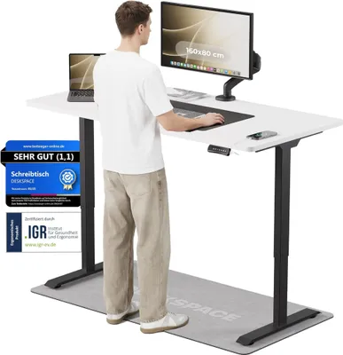 Produktbild von DESKSPACE PRO Elektrisch höhenverstellbarer Schreibtisch – 160x80 cm Memory & Kollisionsschutz, Computertisch Weiße Tischplatte / Schwarzes Gestell