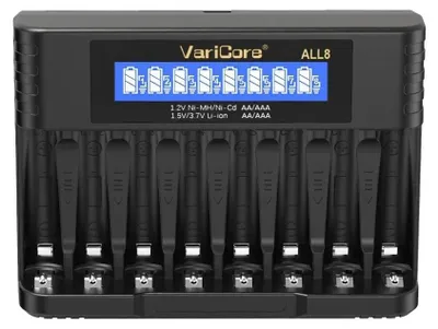 Zdjęcie produktu dla Ładowarka akumulatorów ALL8 – inteligentna ładowarka z 8 gniazdami – NiMH, NiCd, Li-Ion, AA, AAA, 14500 – USB typu C, 5–20 V – szybkie ładowanie 1 A – zasilacz AU 5 V, 2 A
