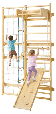 Produktbild von Schwedische Sprossenwand für Kinder - Indoor-Klettergerüst 8-in-1 - 12 Sprossen - Massivholz - bis 100 kg belastbar - mit Rutsche, Schaukel, Turnringen, Kletterbrett, Klimmzugstange