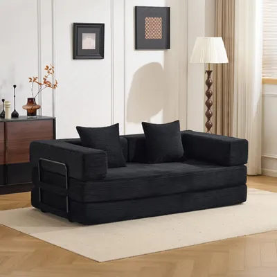 Immagine prodotto di Divano a pavimento, divano compatto, trasformabile, futon, cuscini, braccioli, tessuto corda, ideale per soggiorno/camera da letto. L3