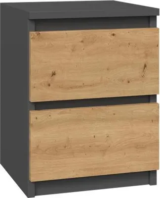 A gray bedside table with two wooden drawers.