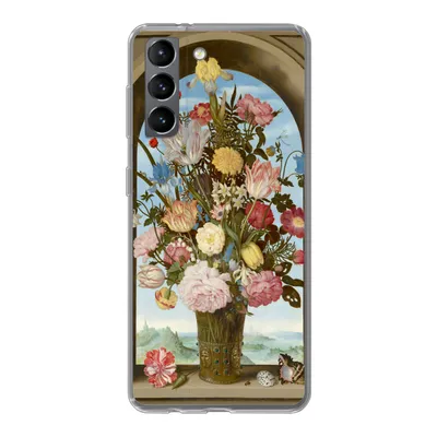 Produktbild von MuchoWow® Handyhülle Schutzhülle Hülle für Samsung Galaxy S21 Vase mit Blumen in einem Fenster - Gemälde von Ambrosius Bosschaert dem Älteren Silikon Softcase Handy Hülle - Softcase