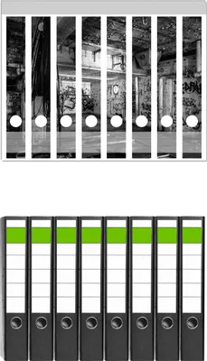 Produktbild von Wallario 8 Stück schmale Ordner inkl. Klebeetiketten mit Motive Alte verlassene Fabrik in schwarz weiß mit Graffiti -  Set mit Rückenschildern / Ordnerrücken Stickern