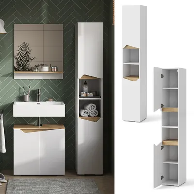 A bathroom vanity and storage cabinet.