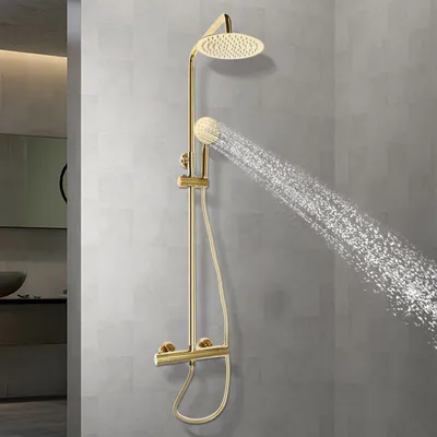 Produktbild von Duschsystem mit Thermostat 20cm rund Regendusche Handbrause Edelstahl Messing 70-110cm höhenverstellbar Duschset (gold)