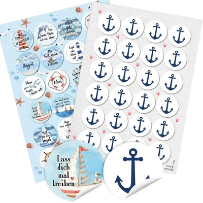 Produktbild von Sticker SET 24 maritime Sprüche Aufkleber + 24 Anker Aufkleber 4 cm