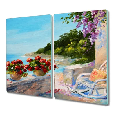 Produktbild von Coloray Kochplattenabdeckung Herdabdeckplatte 2x30x52 cm Hackbrett Schneidebrett Küchenbrett - Küste Meer Himmel Blumen