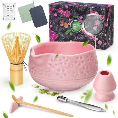 Immagine prodotto di Set da tè Matcha rosa, composto da 10 pezzi: ciotola, frustino, cucchiaino, setaccio e supporto