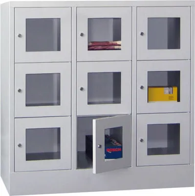 Produktbild von Schließfachschrank - Sichtfenstertüren - 9 Fächer a 400 mm - 1.187x1.200x500 mm (HxBxT) - Sockel - Zylinderschloss - tiefschwarz/reinorange