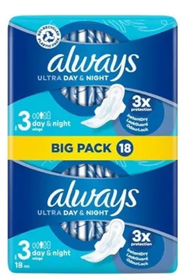 Produktbild von Always Ultra Sanitary Damenbinden Day & Night mit Flügeln, 18 Stück