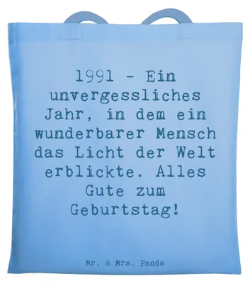 Produktbild von Mr. & Mrs. Panda Tote Bag Spruch 1991 Geburtstag - Sky Blue - Geschenk, Geburtstagsgeschenk, Glückwunsch, 30., einzigartig, Erinnerungen, Freude, Tasche, Schultasche