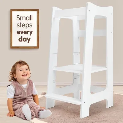 Imagen del producto de Torre de aprendizaje Montessori de madera: Asistente de cocina ajustable para niños de 2 a 6 años, taburete escalonado seguro con 3 alturas, color blanco