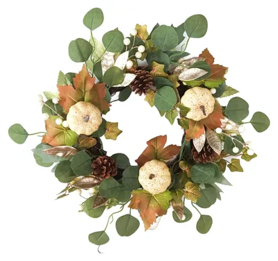 Immagine prodotto di Ghirlanda autunnale rattan 50 cm - Zucche e pigne - Decorazione da porta