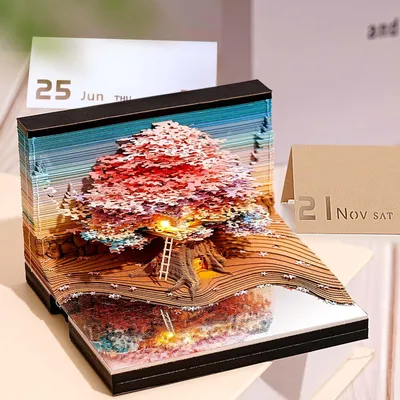 3D Tischkalender 2026 mit LED, Kirschbaumhaus, Memo, Papierkunst
