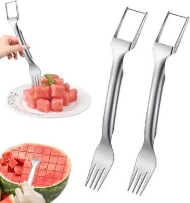 Produktbild von Ibenzoa® 2‑in‑1 Melonenschneider mit Gabel – tragbar, 304 Edelstahl, 25 x 3 x 3 cm, 59 g, für perfekte Fruchtvorbereitung