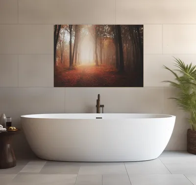 Produktbild von Wallario wasserfestes Poster selbstklebend 70 x 100 cm, Herbstwald - Weg zu einer Lichtung im Wald, Badezimmerposter Spritzschutz mit Hochglanzoberfläche in Glasoptik