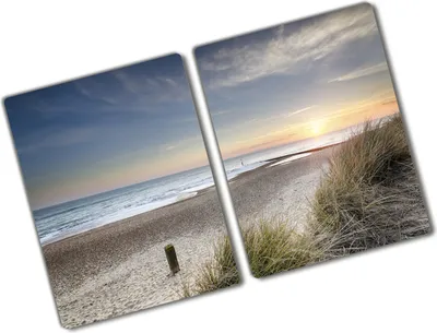 Produktbild von Tulup Glas Herdabdeckplatte - 2x40x52 cm - Glaskeramikkochfeld-Abdeckung Spritzschutz Glasabdeckplatte Kochplattenabdeckung und Schneidebrett - Zweiteilig - Landschaften - Sonne und Dünen - Beige