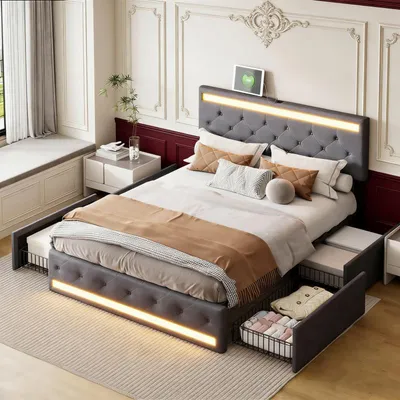 Produktbild von INONEFT Polsterbett 140x200cm mit 4 Schubladen, Jugendbett Doppelbett mit LED und USB/Type-C, Stauraumbett Massivholzbett mit Lattenrost, Leinen, Grau