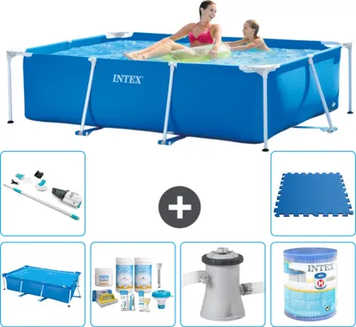 Produktbild von Intex-Schwimmbecken mit rechteckigem Rahmen – 220 x 150 x 60 cm – Blau – im Lieferumfang enthalten Sonnensegel - Wartungspaket - Filterpumpe für Schwimmbad - Filter - Staubsauger - Bodenfliesen