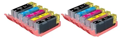 Two sets of ink cartridges are displayed in pink holders against a white background.