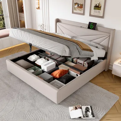Immagine prodotto di Letto singolo 180x200 per ragazzi, con spazio contenitore, imbottito e dotato di prese USB e Type-C nella testata, letto matrimoniale color beige