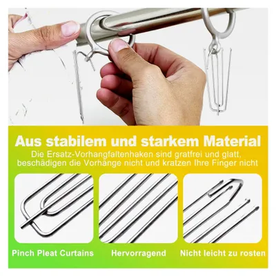 Produktbild von 50 Stück Gardinenhaken aus Edelstahl, Faltenhaken für Gardinenband & Kräuselband, robuste Vorhanghaken für Schienensysteme & Ringe