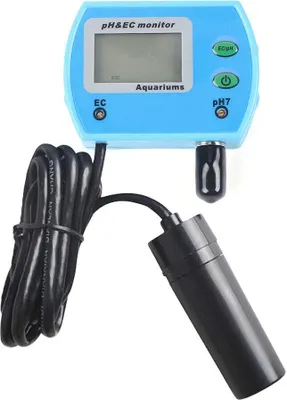 A blue and black digital pH and EC meter with a probe and cable, shown against a white background.