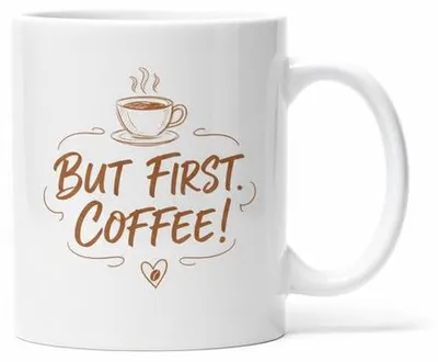Produktbild von Tasse „But First. Coffee!" – Kaffeebecher mit Spruch und Herz, Geschenk für Kaffeeliebhaber, Keramik 330 ml