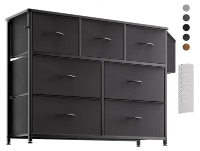 Immagine prodotto di Comodino in tessuto con 7 cassetti, colore nero, dimensioni 100x78x30 cm. Include ganci e tasca