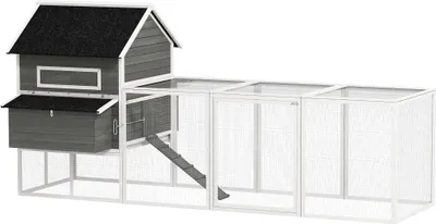 Produktbild von Hühnerstall aus Holz mit Auslauf Nistkasten Asphaltdach herausziehbar Tablett für 8-10 Hühner 347x160x150 cm Dunkelgrau
