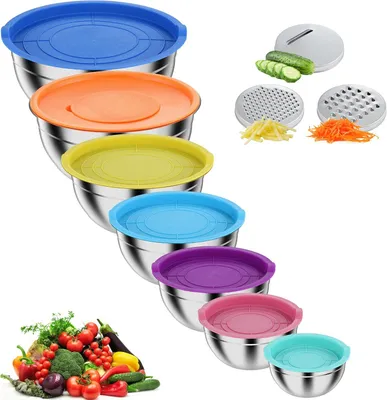 Produktbild von Rührschüssel Pleafind 7-teiliges Rührschüssel-Set – Nestschüsseln aus Edelstahl mit Deckel – mit 3 Reibenzubehör, Fassungsvermögen 4,5 QT, 4 QT, 3,5 Q