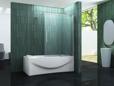 A modern bathroom with a bathtub and shower enclosure.