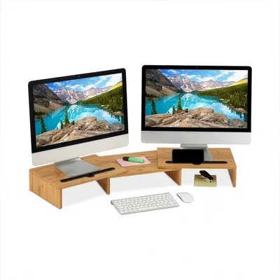 Obrázek produktu pro Stojan na monitory Relaxdays, pro 2 monitory, výsuvné segmenty, šířka 74–105 cm, ergonomická podložka pod PC z bambusu, přírodní