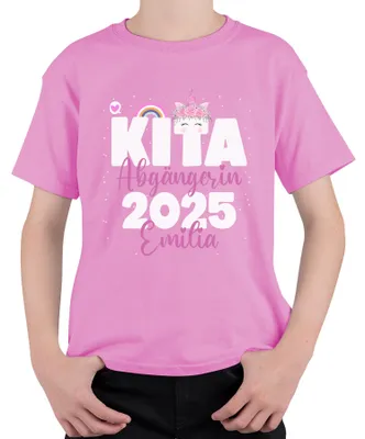 Produktbild von Kita Abgängerin 2025 personalisiert mit Namen | Einhorn Mädchen Einschulung Kindergarten Abschied Uni Kinder T-Shirt, Pink, 152