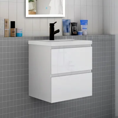 Produktbild von Badmöbel Set HUTI-Serie 60cm Dickes Keramik Waschbecken mit Unterschrank Badezimmermöbel mit 2 Schubladen Hochglanz Weiß Hängeschrank