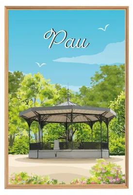 Image de Tableau mural encadré illustration kiosque jardin Pau 65x97 cm, Tableau mural moderne pour décoration intérieure