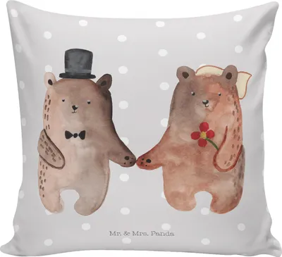 Produktbild von Mr. & Mrs. Panda kuschelkissen 40x40 Bär Heirat - Grau Pastell - Geschenk, Sofakissen, zier kissen, Teddy, Deko, bedruckt