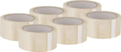 Six rolls of clear packing tape are arranged in a group on a white background.