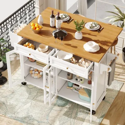 Produktbild von Kücheninsel mit Rollen & Glastüren, Multifunktionaler Servierwagen mit Stauraum, Mobiler Buffetschrank, Küchenwagen für Esszimmer