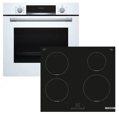 Produktbild von Herdset BOSCH Backofen weiß EcoClean + Induktionskochfeld Booster autark 60cm