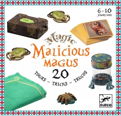 A collage of items related to a magic trick set, including a box, cards, a cloth, and decorative elements.