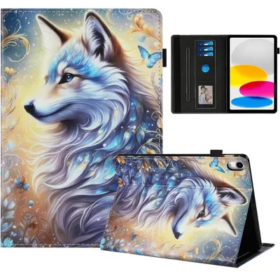 Immagine prodotto di Custodia per iPad 10ª generazione (2022), 10,9 pollici, in (PU), con scomparti per carte e funzione stand, motivo "Lupo Bianco"