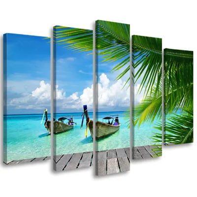 Produktbild von 5-teiliges leinwandbild tropenstrand 200x100 cm Feeby blau wandbild bereit zum aufhängen