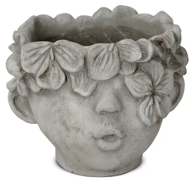 Image de Pot de plantes - tête avec couronne de fleurs visage ciment gris