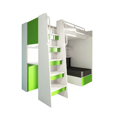 Produktbild von Marlux-Meble Hochbett JSM-7 90x200 TREPPE Links mit Schreibtisch Schränke und Ausklappbares Sofa 70x180 Matt Funktionsbett Etagenbett Stockbett Kinderhochbett Jugendhochbett (Limette Matt)