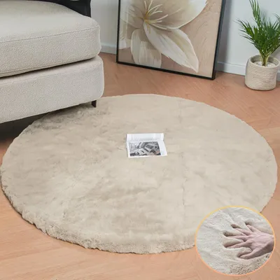Produktbild von Runder Teppich Beige Flauschig Kunstfell 120 cm Waschbar Wohnzimmer Schlafzimmer