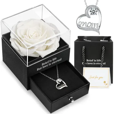 Ewige Rose mit Herz-Kette in Geschenkbox, 1 Stück, Weiß