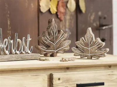 Image de 2x Feuille décorative "Flammée" en bois de manguier, 12 + 16 cm de haut, décoration d'automne, décoration de table, décoration de fenêtre