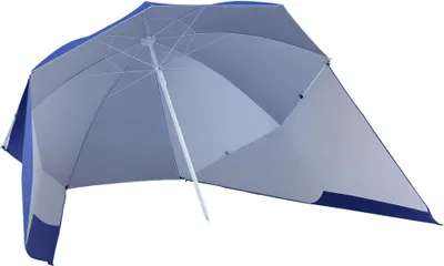 Obrázek produktu pro Plážový slunečník – 2 v 1 slunečník/markýza – ochrana proti UV záření – přenosný – Ø 210 x 222 cm – modrý