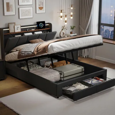 Produktbild von INONEFT Polsterbett 160x200cm mit LED & Ladefunktion, Doppelbett mit 2 Schubladen Stauraumbett Boxspringbett mit Stauraum und Lattenrost, Leinen, Grau